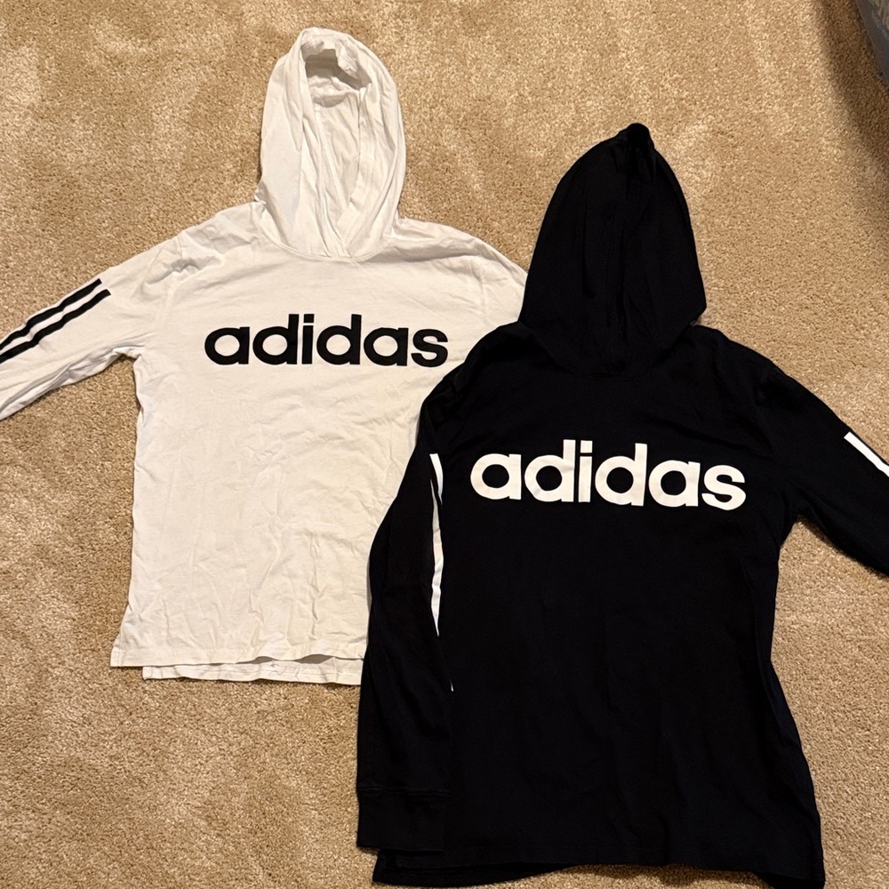 Adidas White and Black Long Sleeve with hoodie. M and L. EUC. 2 shirts. Boys.